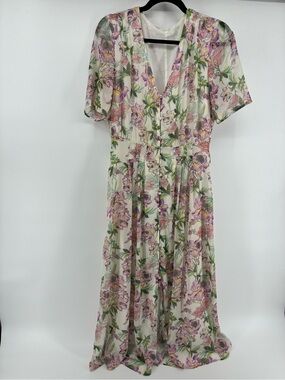 H&M V-Neck Chiffon Floral Maxi Dress in Pink and Green